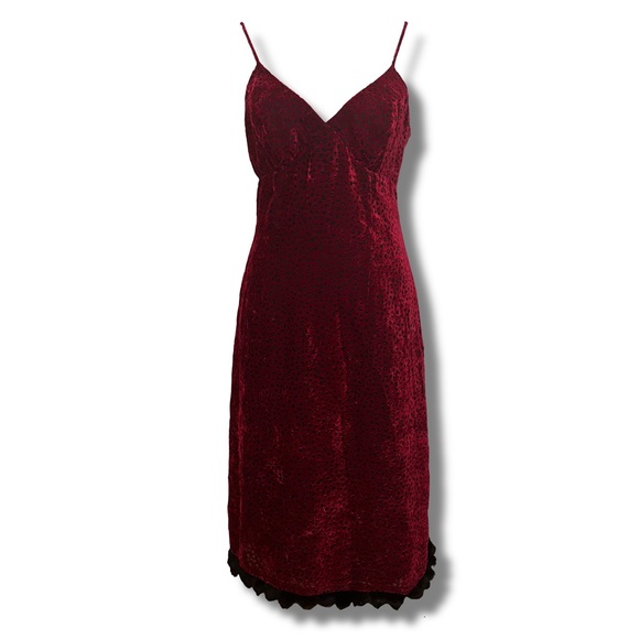 Vintage Dresses & Skirts - Vintage 90s Nicole Miller Red Burnout Velvet Dress w/ Fur Trim